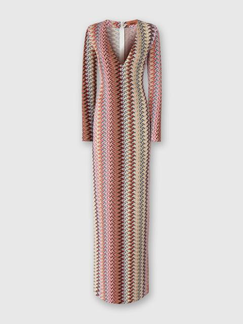 Long Dress with V-Neck and Zigzag Pattern