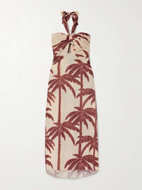Water Adventure cutout printed linen halterneck midi dress Cream