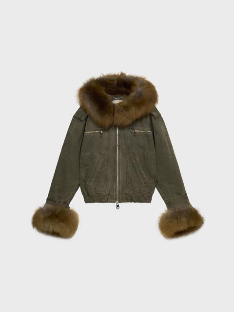 CANVAS BOMBER JACKET WITH FAUX FUR
