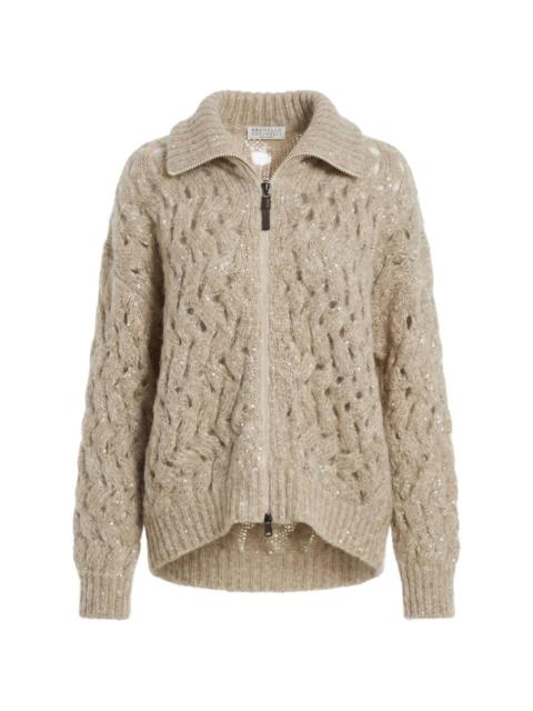 sequin-embellished cable-knit cardigan