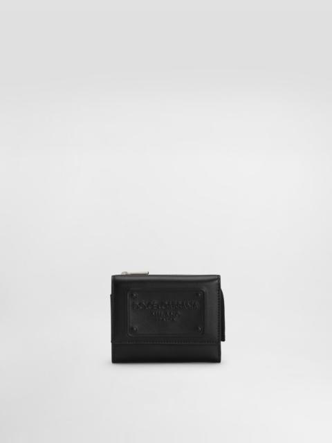 Calfskin French flap wallet with raised logo