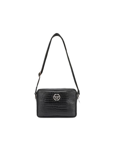 crocodile print logo patch laptop bag