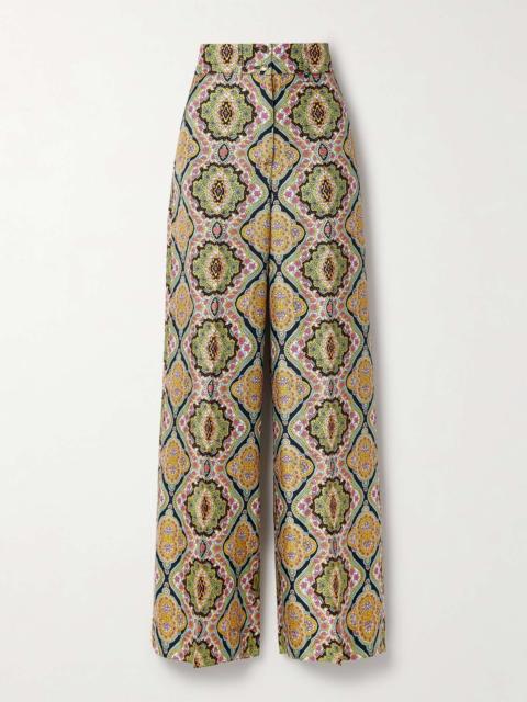 Printed silk-twill wide-leg pants