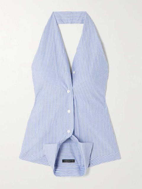 Upside Down striped cotton-poplin halterneck top