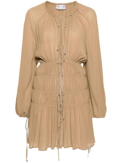 Semi-Sheer Belted Pleated Long-Sleeve Midi Dress