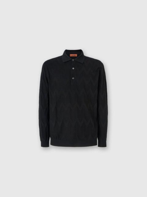 Long-sleeved polo shirt in 3D chevron cotton and silk
