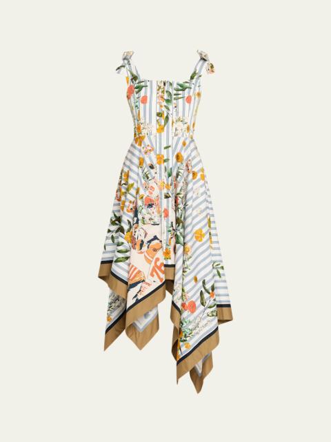Printed Shoulder-Tie Handkerchief Midi Dress