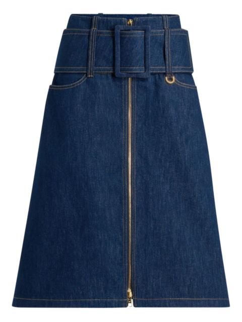 zip-front belted denim skirt
