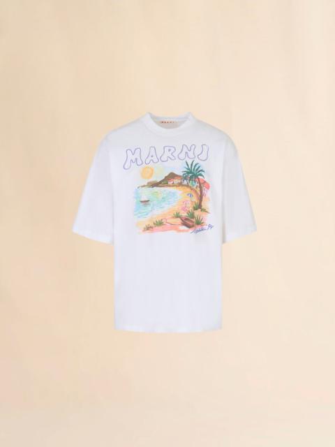 WHITE COTTON T-SHIRT WITH MARNI BEACH POSTCARD PRINT