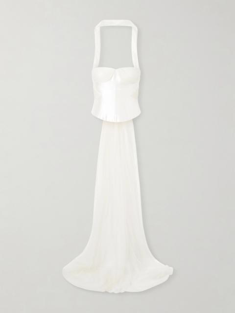 Viola Gathered Draped Tulle-trimmed Wool And Silk-blend Twill Top