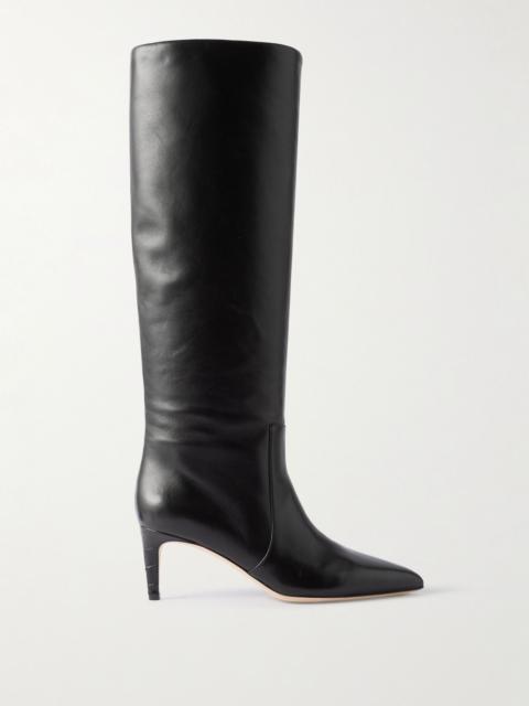 Stiletto croc-effect trimmed leather knee boots Black