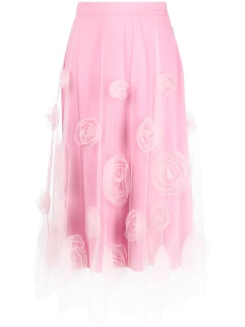 floral-appliqué tulle midi skirt