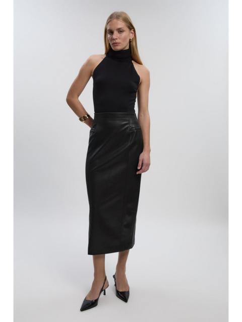 Petite Faux Leather Seam Waist Detail Pencil Midi Skirt