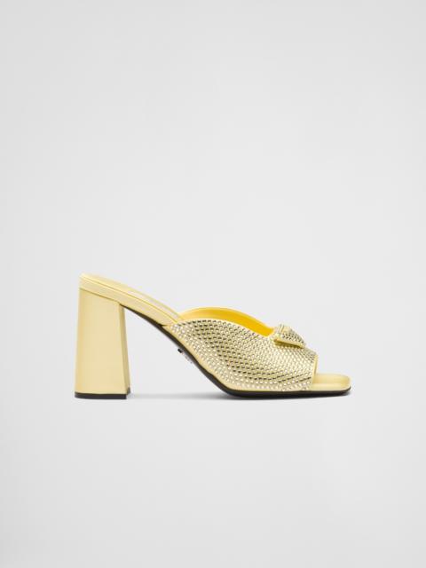 Crystal-studded high-heeled satin slides