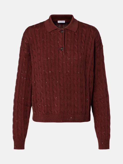 Cable-knit cotton-blend polo sweater
