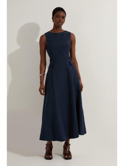 Premium Tailored Linen Buckle Detail Full Skirt Midi Dress