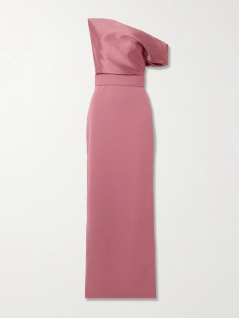 Magda Off-the-shoulder Belted Draped Faille And Crepe Gown