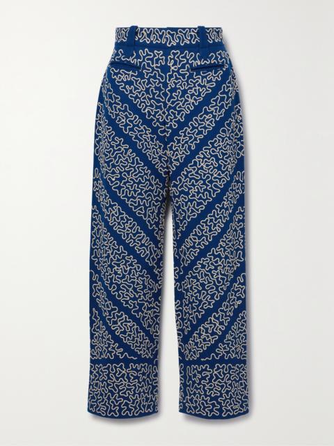 Bombora Cropped Embroidered Wool-blend Wide-leg Pants