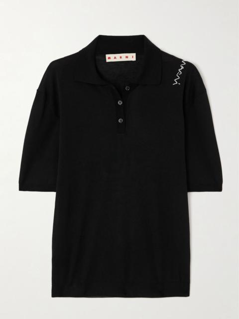 Embroidered wool and silk-blend polo Black