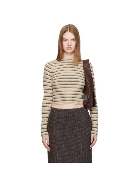 Beige Shetland Wool Cashmere Rib Knit Boat-Neck Sweater