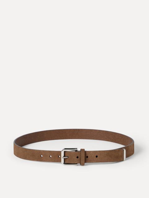 Reversed leather belt with square buckle and tip