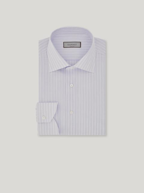 LIGHT BLUE AND WHITE STRIPED COTTON AND LINEN REGULAR-FIT SHIRT