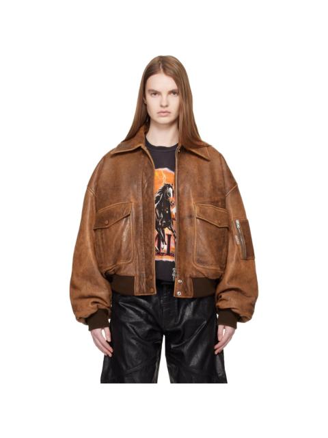 Tan Faded Leather Bomber Jacket