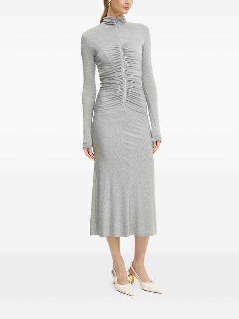 zip-up ruched midi dress