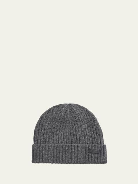Men's Cashmere Rib Leather-Label Beanie Hat