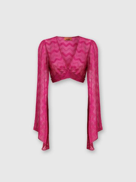 Crop top with wide sleeves and front knot in zig zag lamé viscose