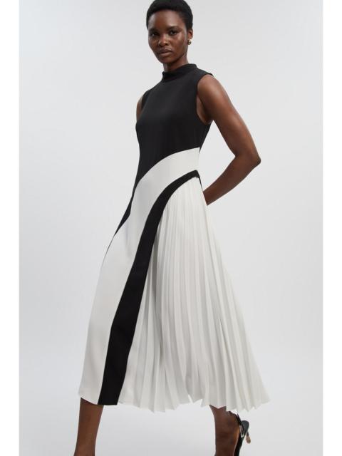 Petite Soft Tailored Colour Block High Neck Pleated Midi Dress