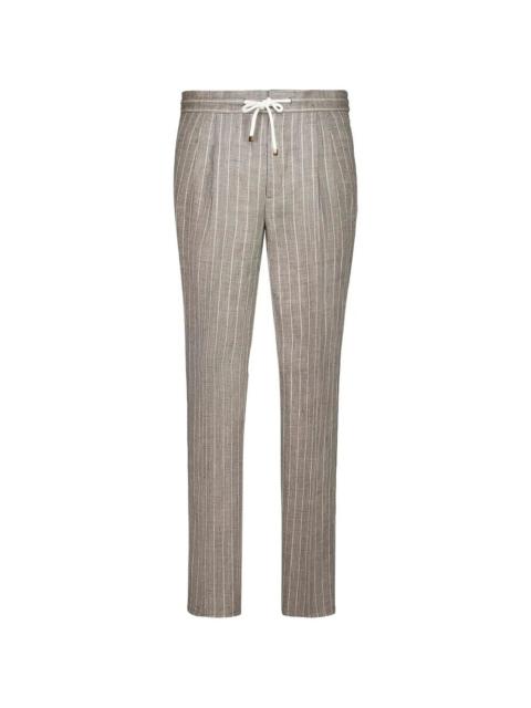 Stripe Linen Pants with Drawstring and Double Pleats