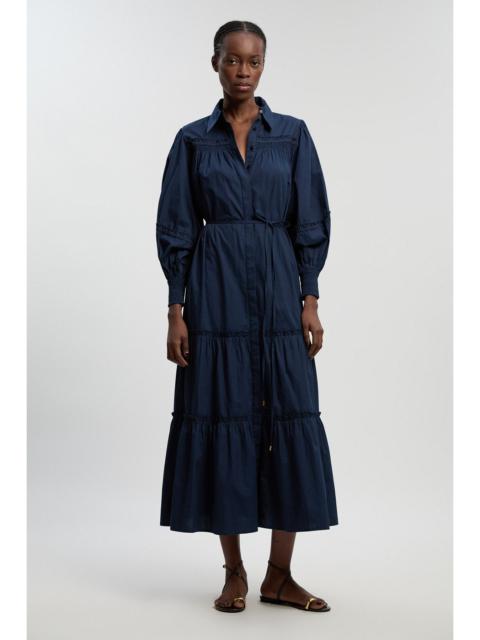 Shirred Cotton Tiered Printed Woven Shirt Dress