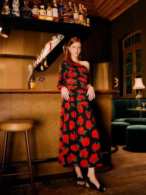 Black Latin Roses 3D Flower One-Shoulder Draped Maxi Dress