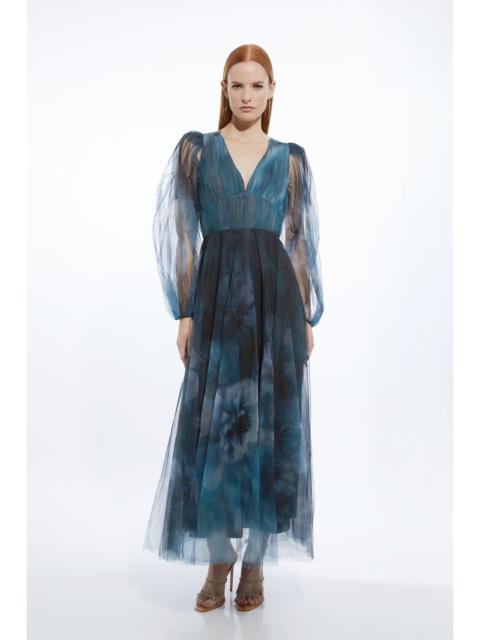 Blurred Floral Tulle Plunge Maxi Dress