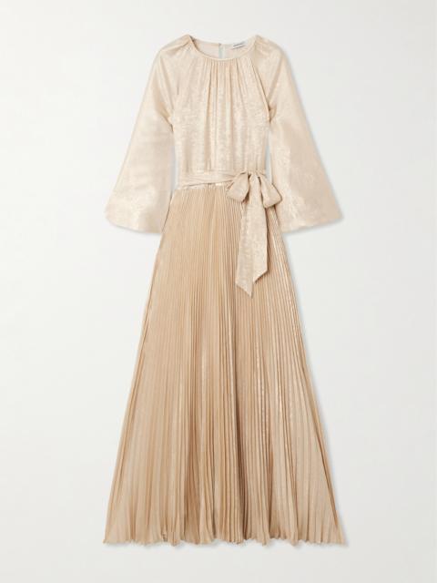 Varenya Belted Pleated Metallic Lamé Maxi Dress