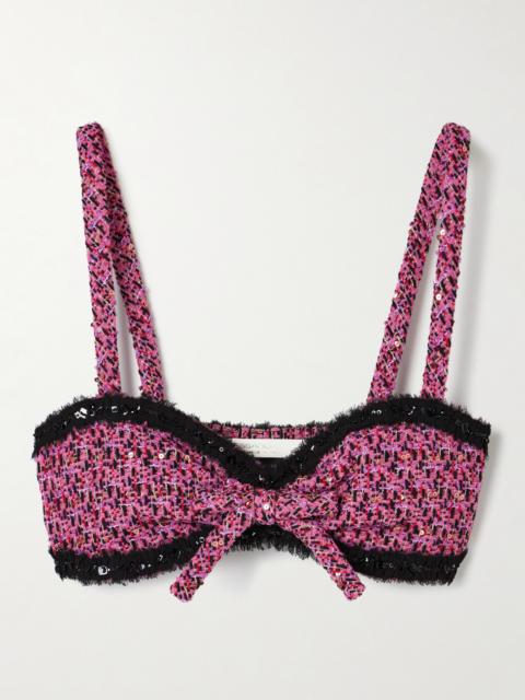 Embellished Frayed Chiffon-trimmed Metallic Tweed Bralette