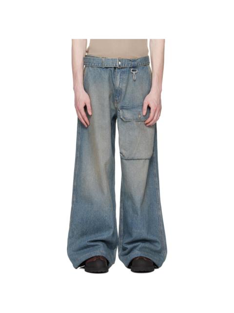 Blue Washed Denim Patch Pocket Belted Cargo Jeans