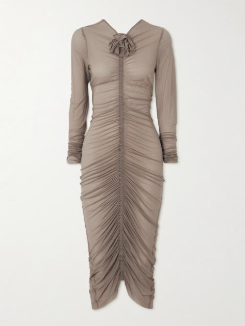 Embellished Gathered Satin-jersey Midi Dress