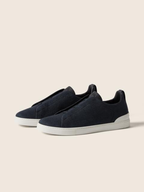 NAVY BLUE COTTON LINEN AND LEATHER TRIPLE STITCH™ SNEAKERS