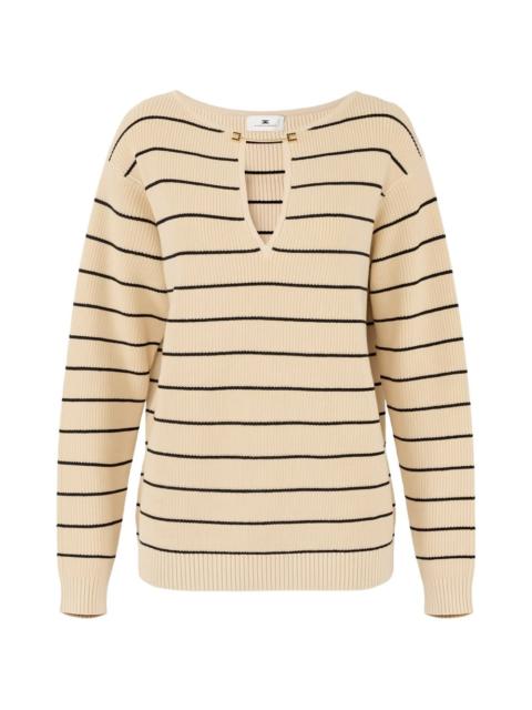 striped v-cut knit pullover