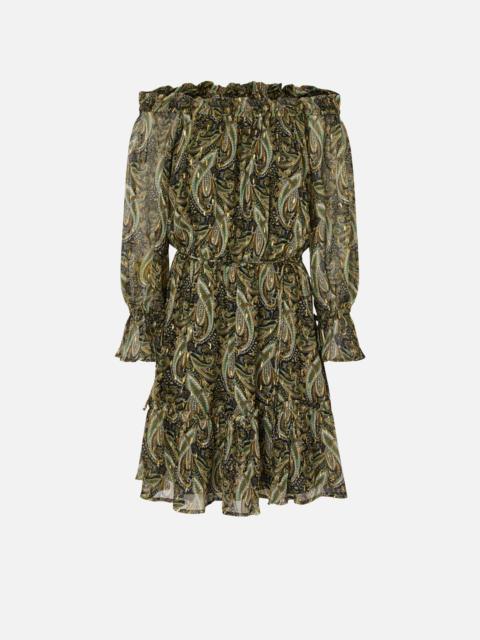 OFF-THE-SHOULDER MINI DRESS WITH CASHMERE PRINT