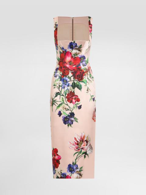 Satin calf-length sheath dress with floral print