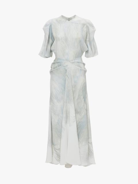 Drape Sleeve Midi Dress In White Digital Feather Print