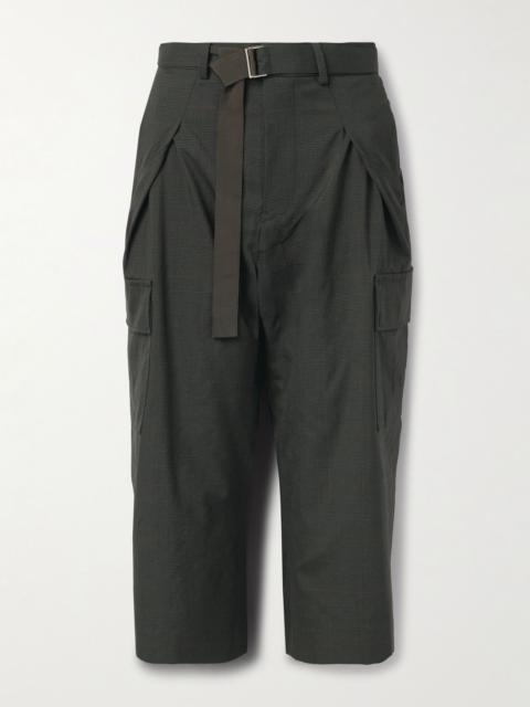 Cropped belted pleated Prince of Wales checked wool tapered pants Dark green