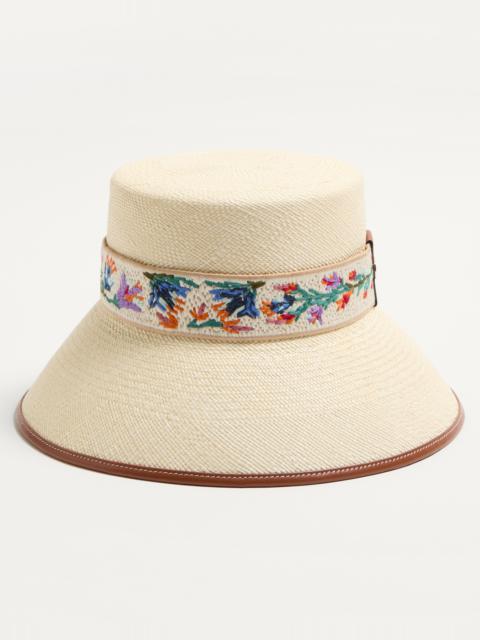 ANTIBES STRAW BUCKET HAT WITH LEATHER TRIM AND RAMAGE RIBBON
