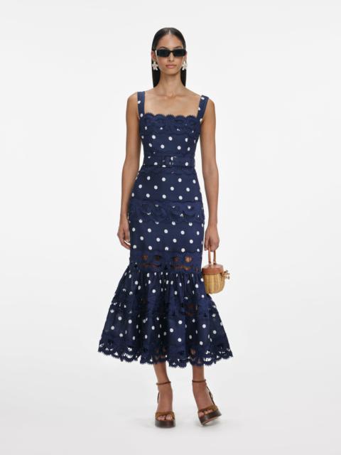 Navy Polka Dot Linen Midi Dress