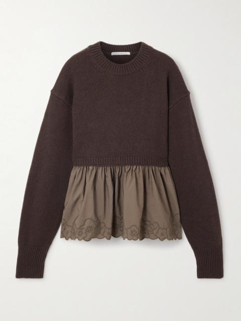 Embroidered Cashmere And Wool-blend And Shell Peplum Sweater