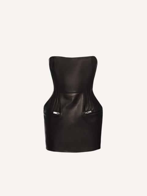 Strapless leather mini dress in black