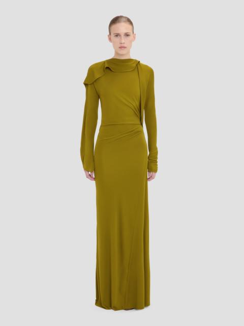Closed Neck Draped Gown In Moss